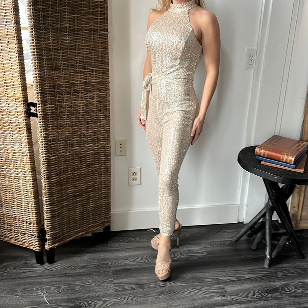 Unique Champagne sequin jumpsuit, belted, racer back. Lavish Alice.